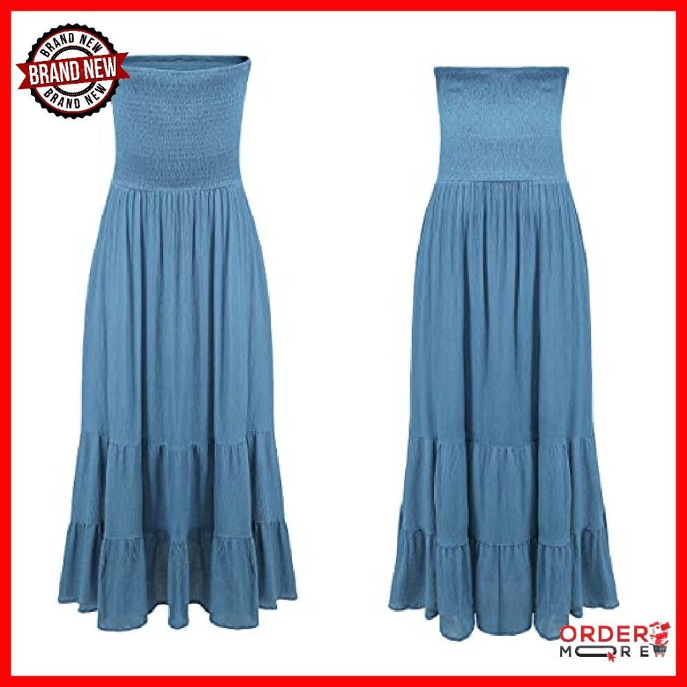 Cotton Strapless Maxi Dress Smocked Top Flowy Boho Summer Beach - Picture 6 of 8